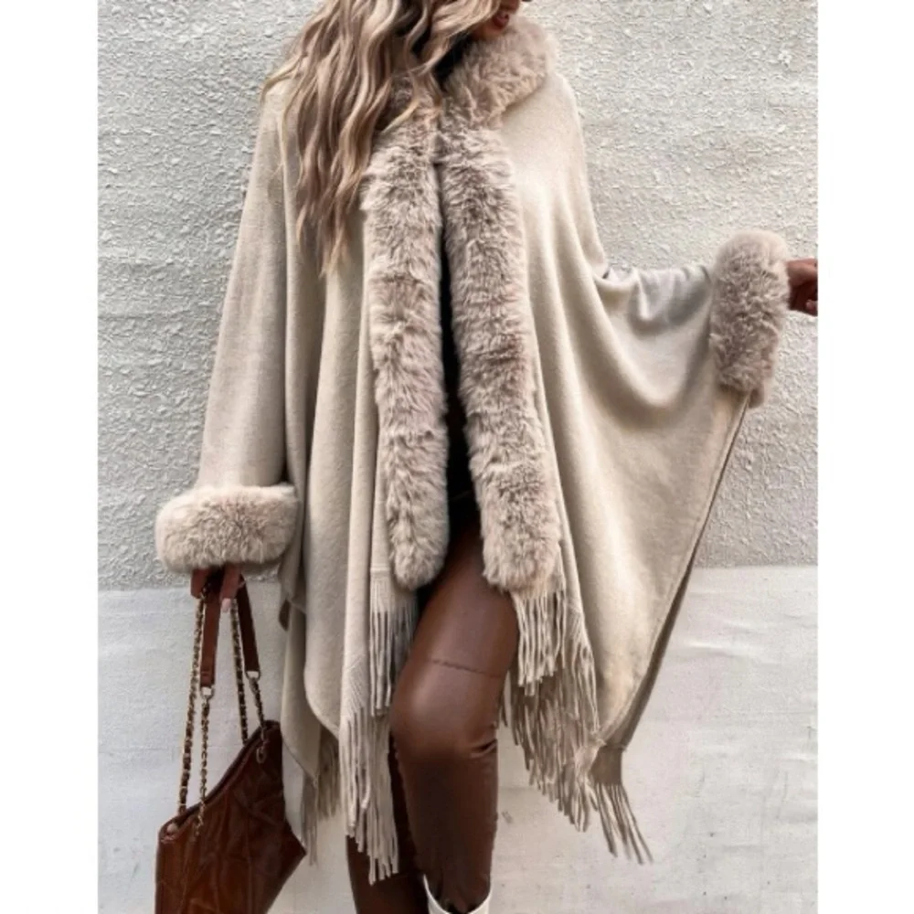 Cozy vegan fur dolman sleeve tssel poncho shawl scarf wrap cardigan - Picture 8 of 16